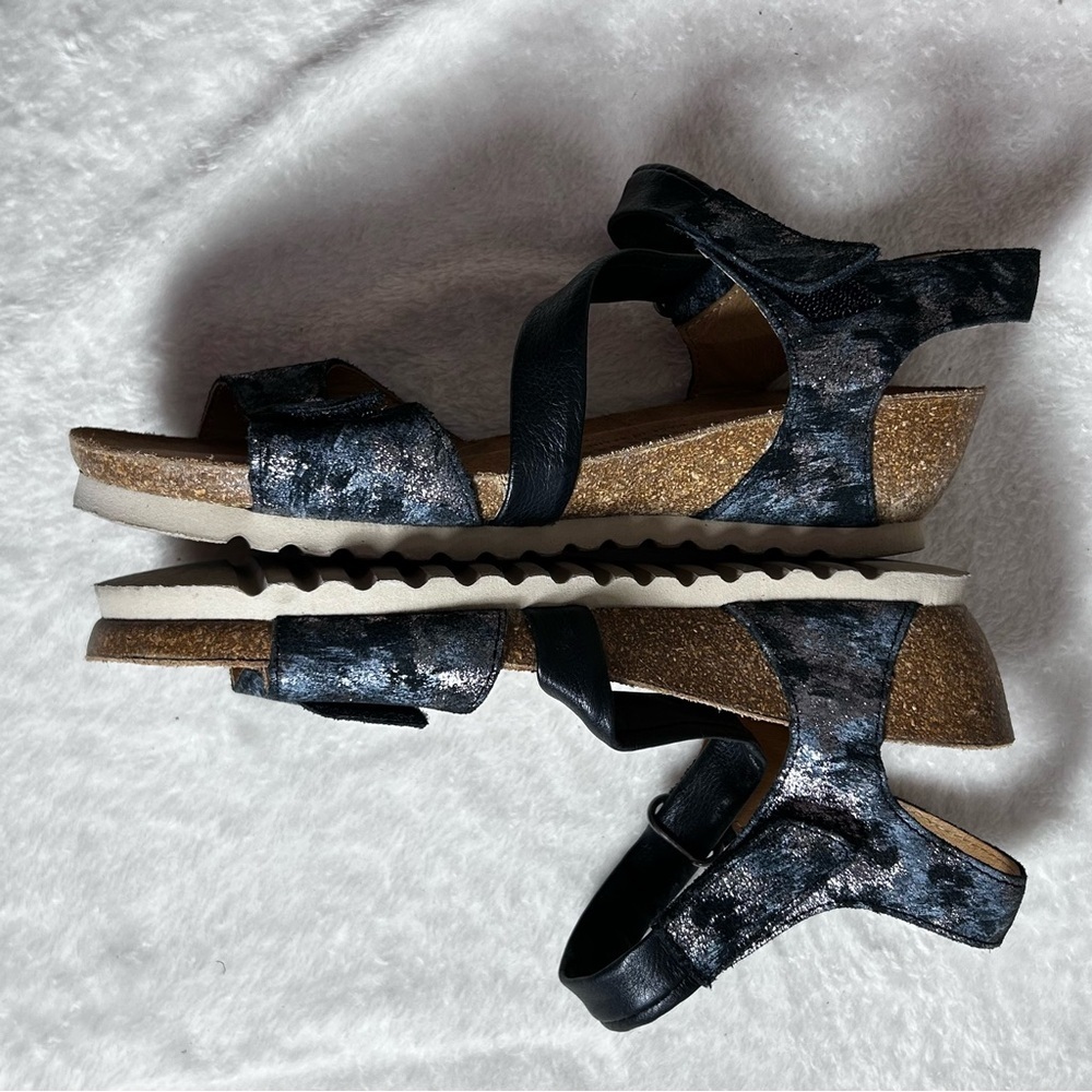 Wandapanda Blue and Silver Leather Adjustable Strap Womens Wedge 2” Heel Sandals - Picture 7 of 11